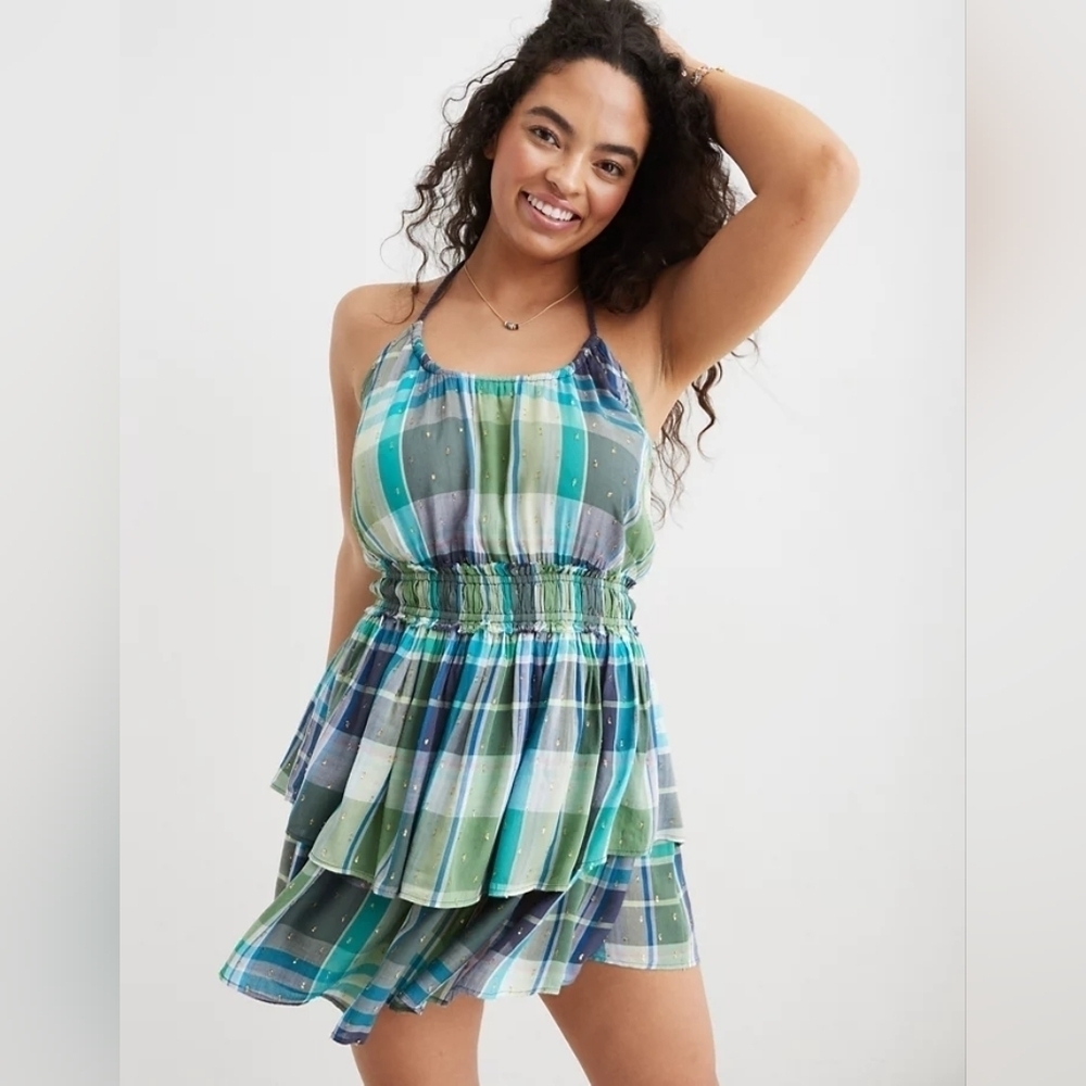 NWOT Aerie Plaid Ruffle Mini Dress Blue Green Halter Plus Size XXL
